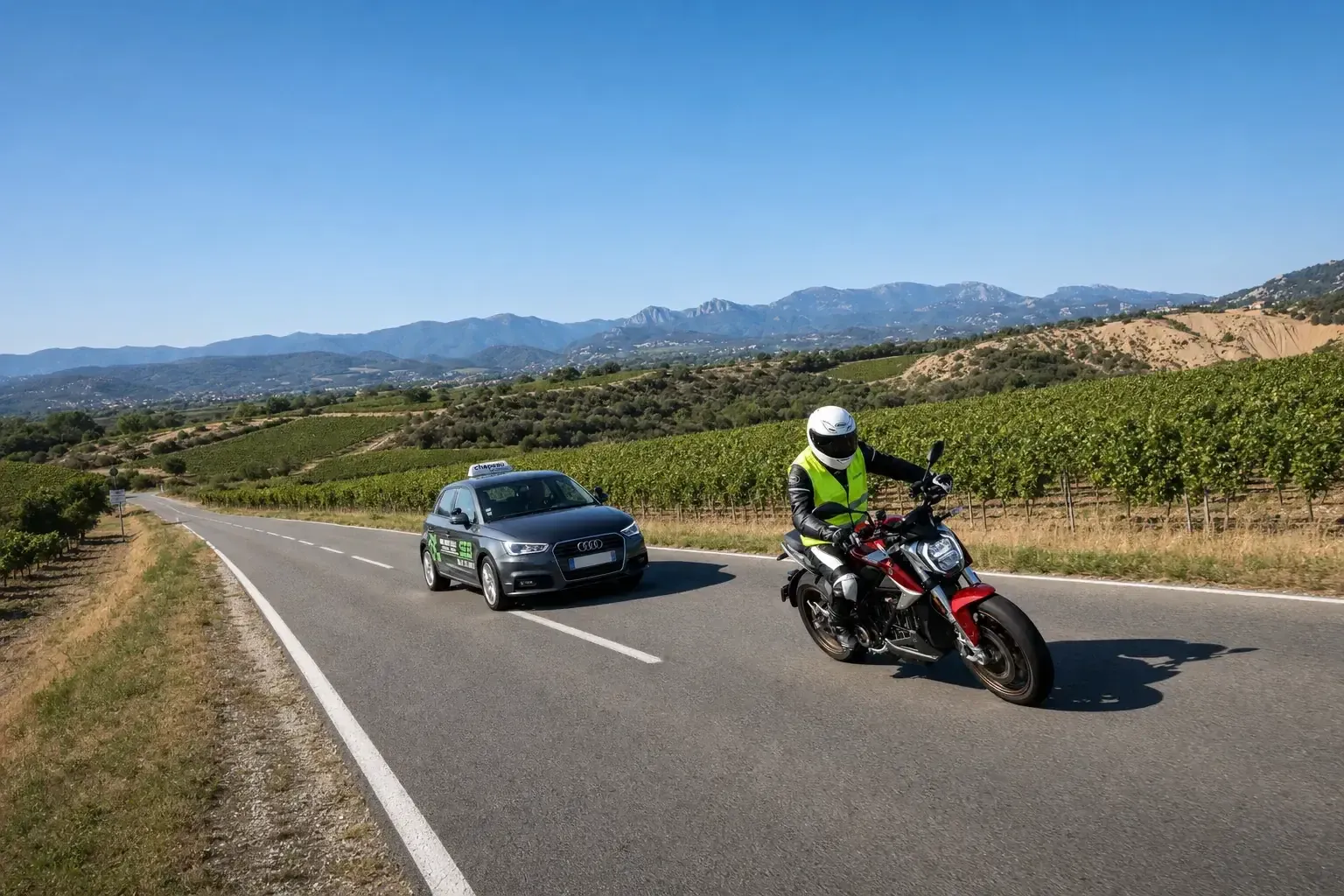 Voiture et moto école de Seb Auto Moto École sur une route des Pyrénées-Orientales, près de Perpignan
